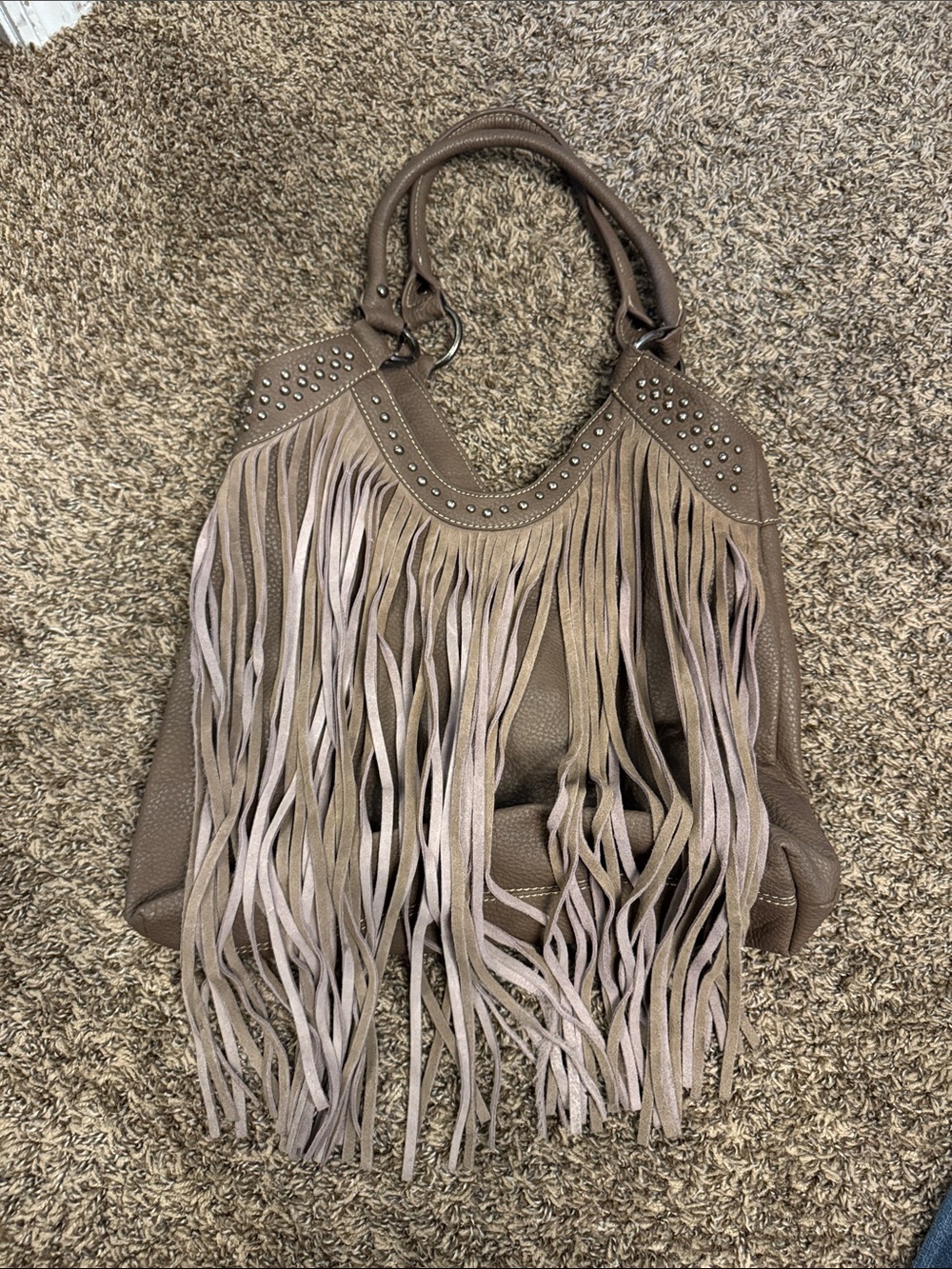 Fringe Tote Handbag in Taupe - Stylish Women's Shoulder Bag